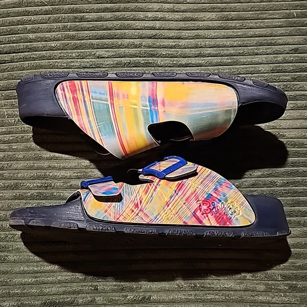 Birkenstock Multicolor Swirl Pattern Arizona Sandals with Blue Buckles - Picture 7 of 9